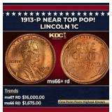 1913-p Lincoln Cent Near Top Pop! 1c ms66+ rd SEGS