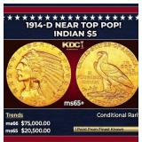 1914-d Gold Indian Half Eagle Near Top Pop! $5 ms6