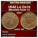 1842 Lg Date Braided Hair Large Cent 1c ms65+ BN S