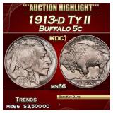 1913-d Ty II Buffalo Nickel 5c ms66 SEGS