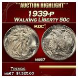 1939-p Walking Liberty Half Dollar 50c ms67 SEGS