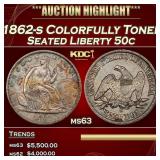 1862-s Seated Half Dollar Colorfully Toned 50c ms6