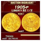 1905-p Gold Liberty Quarter Eagle $2 1/2 ms67 SEGS