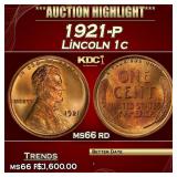 1921-p Lincoln Cent 1c ms66 rd SEGS