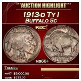 1913-d Ty I Buffalo Nickel 5c ms66+ SEGS