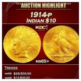 1914-p Gold Indian Eagle $10 ms65+ SEGS