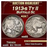 1913-s Ty II Buffalo Nickel 5c ms65 SEGS