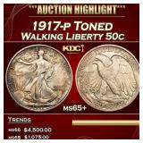 1917-p Walking Liberty Half Dollar Toned 50c ms65+