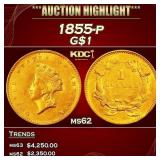1855-p Gold Dollar $1 ms62 USCG