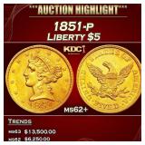 1851-p Gold Liberty Half Eagle $5 ms62+ USCG