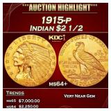 1915-p Gold Indian Quarter Eagle $2 1/2 ms64+ SEGS