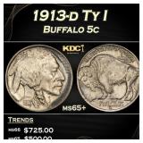 1913-d Ty I Buffalo Nickel 5c Grades ms65+