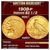 1908-p Gold Indian Quarter Eagle $2 1/2 ms64+ SEGS