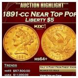 1891-cc Gold Liberty Half Eagle Near Top Pop $5 ms