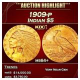 1909-p Gold Indian Half Eagle $5 ms64+ USCG