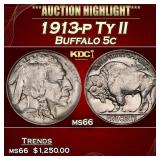 1913-p Ty II Buffalo Nickel 5c ms66 SEGS