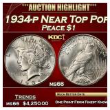 1934-p Peace Dollar Near Top Pop $1 ms66 SEGS