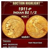1911-p Gold Indian Quarter Eagle $2 1/2 ms64+ SEGS