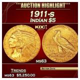 1911-s Gold Indian Half Eagle $5 ms63 USCG