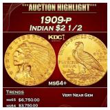 1909-p Gold Indian Quarter Eagle $2 1/2 ms64+ SEGS