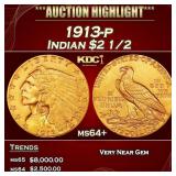 1913-p Gold Indian Quarter Eagle $2 1/2 ms64+ SEGS