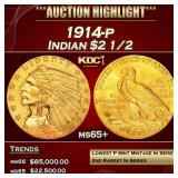 1914-p Gold Indian Quarter Eagle $2 1/2 ms65+ SEGS