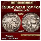 1936-d Buffalo Nickel Near Top Pop 5c ms67 SEGS
