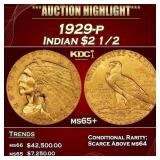 1929-p Gold Indian Quarter Eagle $2 1/2 ms65+ SEGS
