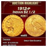 1912-p Gold Indian Quarter Eagle $2 1/2 ms65 SEGS