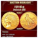 1916-s Gold Indian Half Eagle $5 ms63+ USCG