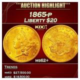 1865-p Gold Liberty Double Eagle $20 ms62+ SEGS