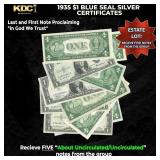5x 1935 $1 Blue Seal Silver Certificates Grades AU