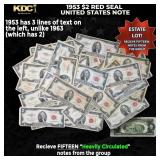 15x 1953 $2 Red Seal United States Note Heavily Ci