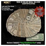 20x 1935 $1 Blue Seal Silver Certificates Grades V