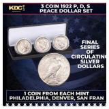 3 Coin 1922 P, D, S Peace Dollar Set, 1 Coin From