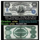1908 $10 Blue Seal Silver Certificate "Tombstone"