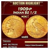 1909-p Gold Indian Quarter Eagle $2 1/2 ms65 SEGS