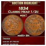 1834 Classic Head half cent 1/2c ms65+ BN SEGS