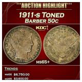 1911-s Barber Half Dollars Toned  50c ms65+ SEGS