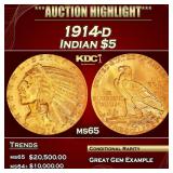 1914-d Gold Indian Half Eagle $5 ms65 USCG