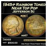 1945-p Jefferson Nickel Rainbow Toned Near Top Pop