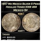 1957 Mo Mexico Silver 5 Pesos Hidalgo Toned KM# 46
