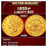 1855-p Gold Liberty Double Eagle $20 ms62 SEGS