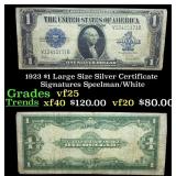 1923 $1 large size Silver Certificate Grades vf+ S