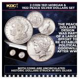1921 Morgan & 1922 Peace Silver Dollars Set UNC