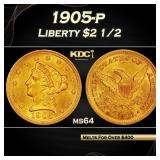 1905-p Gold Liberty Quarter Eagle $2 1/2 ms64 SEGS
