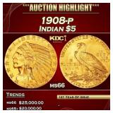 1908-p Gold Indian Half Eagle $5 ms66 USCG