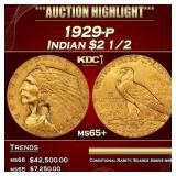 1929-p Gold Indian Quarter Eagle $2 1/2 ms65+ SEGS