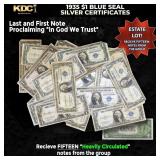 15x 1935 $1 Blue Seal Silver Certificates Heavily