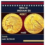 1914-d Gold Indian Half Eagle $5 ms63 USCG